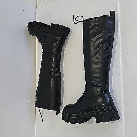 Dream Paris Black Lace Up Chunky Track Sole Knee High Black Boots Size 6 - Picture 5 of 16